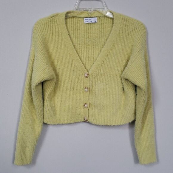 Bershka Sweater Womens sz S Cropped Rib V Neck Cardigan Fuzzy Lime Green - Picture 1 of 7